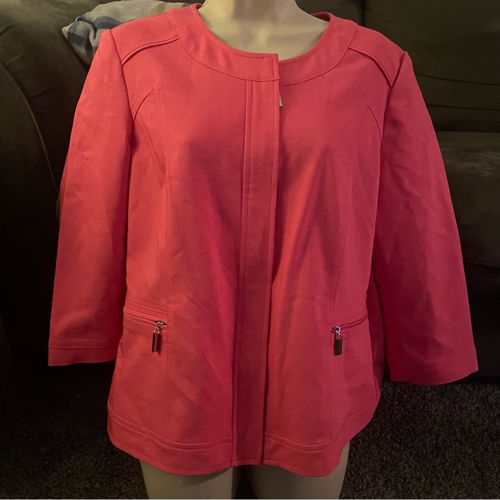 Rafaella Women's Solid Coral Jacket Hidden Zip 3/4 Sleeves Cotton Blend Size L